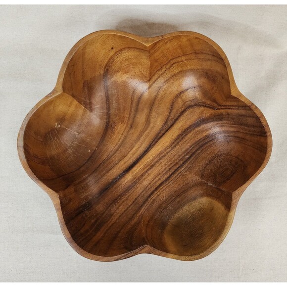 Vintage Monkey Pod Flower-Shaped Salad Bowl Set (Large + 6 Small Bowls) —1970s - Picture 3 of 16